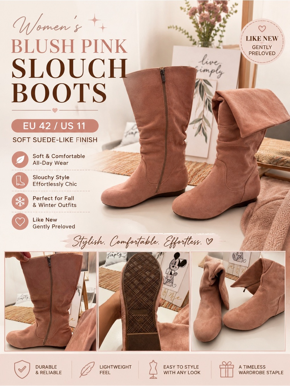 Women’s Blush Pink Slouch Mid-Calf Boots Size EU 42 / US 11 – Soft Suede-Like